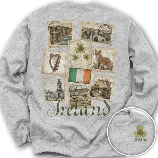 Ireland Vintage Stamps Front/Back Print Sweatshirt - Ash