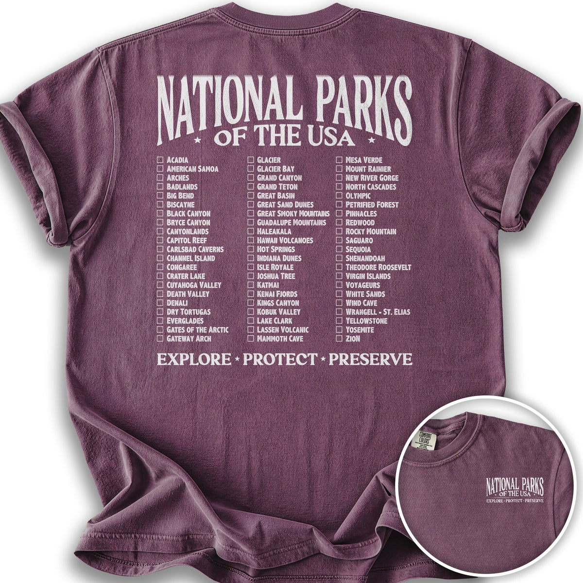 Bargain Bin Overstock! National Parks of the USA Checklist Front/Back Print T-Shirt - Berry