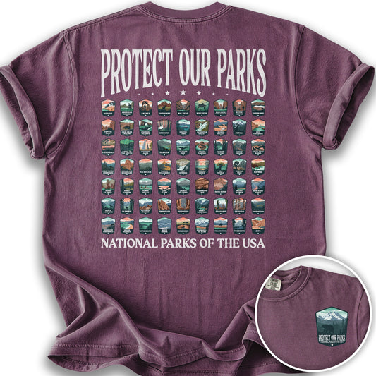 Protect our Parks Badges Front/Back Print T-Shirt - Berry