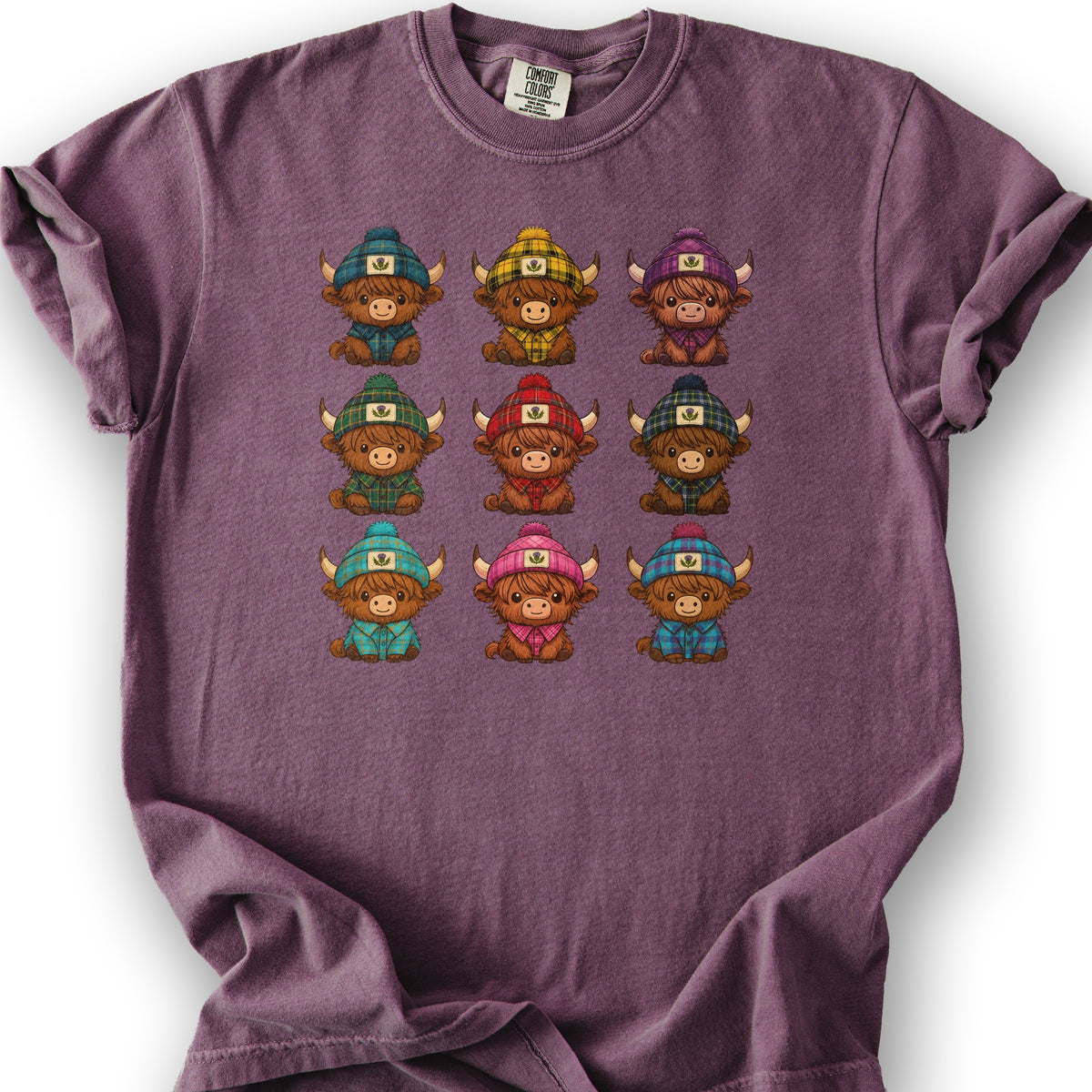 Tartan Highland Cows T-Shirt - Berry