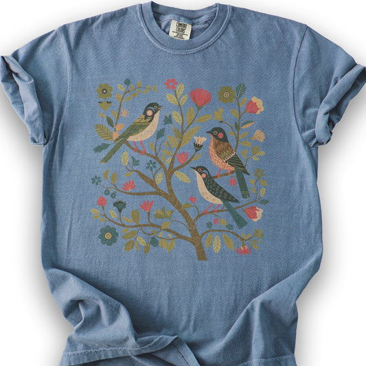 Cottagecore Birds "Folk Art Print" T-Shirt - Blue Jean