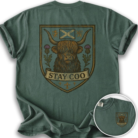 Highland Cow "Scottish Heraldry" Front/Back Print T-Shirt - Blue Spruce