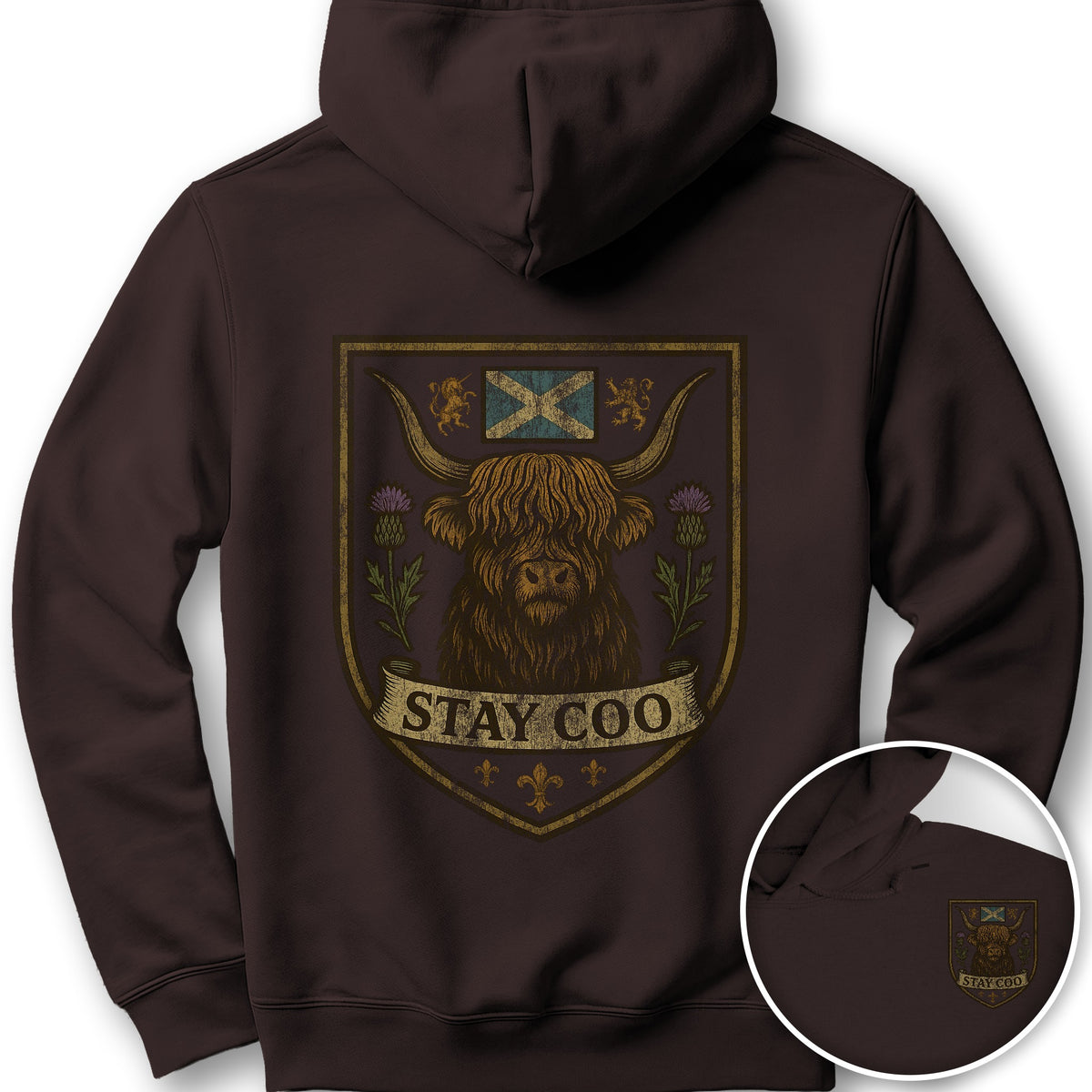 Highland Cow "Scottish Heraldry" Front/Back Print Hoodie - Dark Chocolate