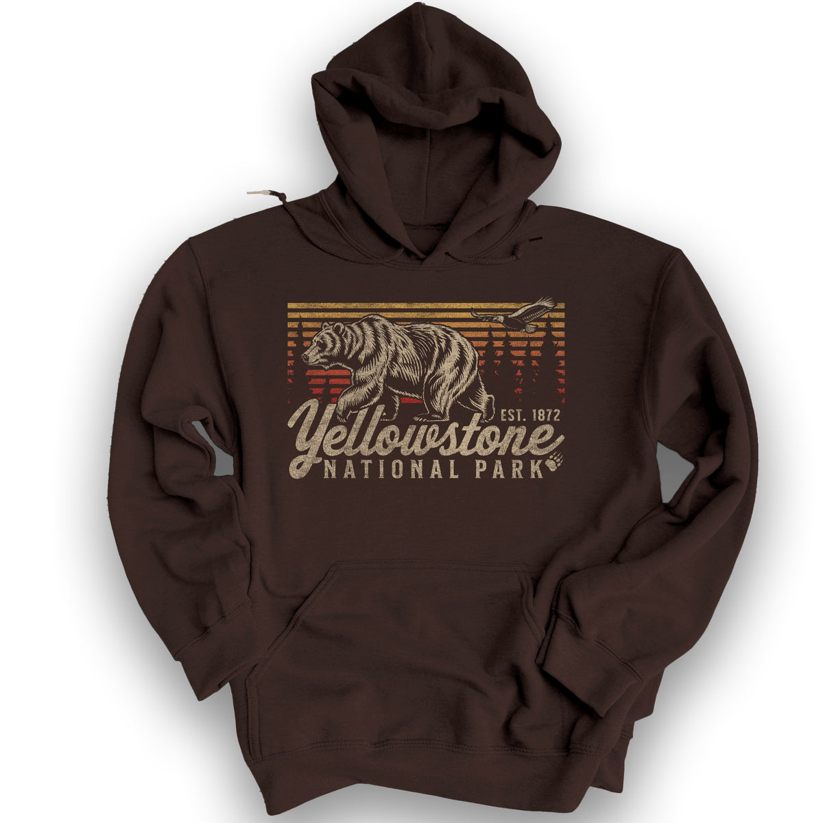 Yellowstone National Park "Vintage Sunset Bear" Hoodie - Dark Chocolate