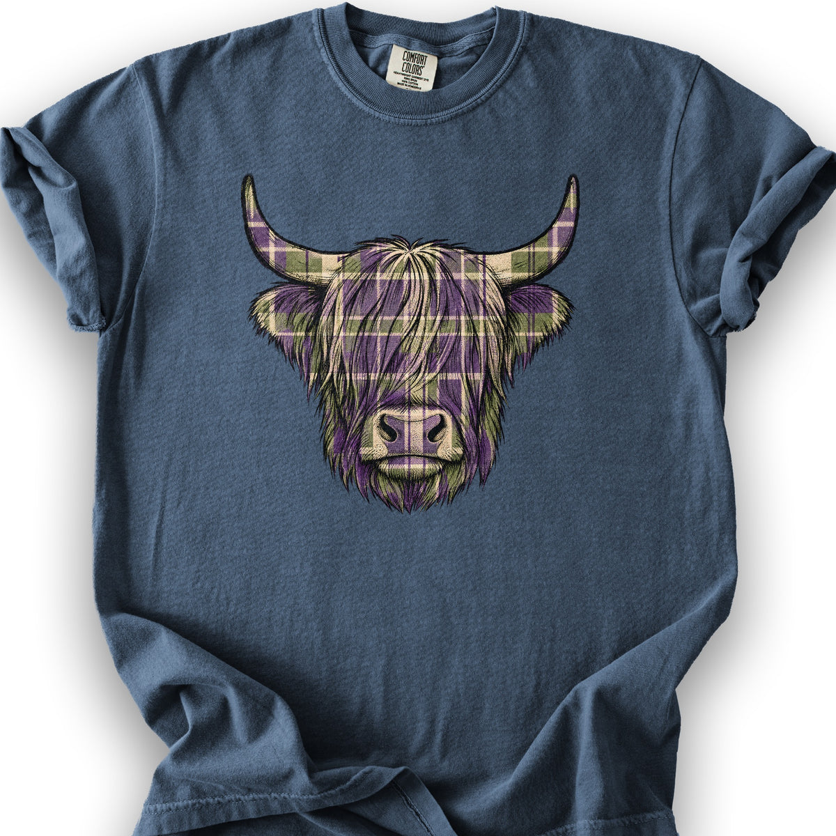Scottish Highland Plaid Coo T-Shirt - Denim