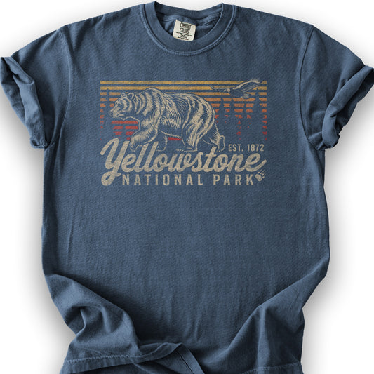 Yellowstone National Park "Vintage Sunset Bear" T-Shirt - Denim