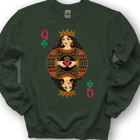 Shamrock Queen Playing Card Sweatshirt - Forest Green