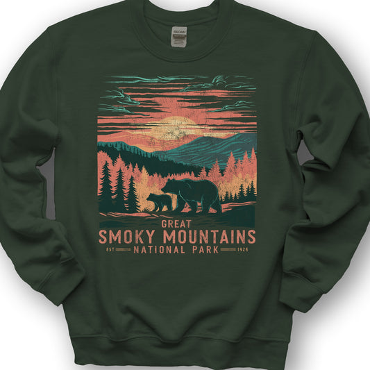 Great Smoky Mountains Sunset Bears Sweatshirt - Forest Green