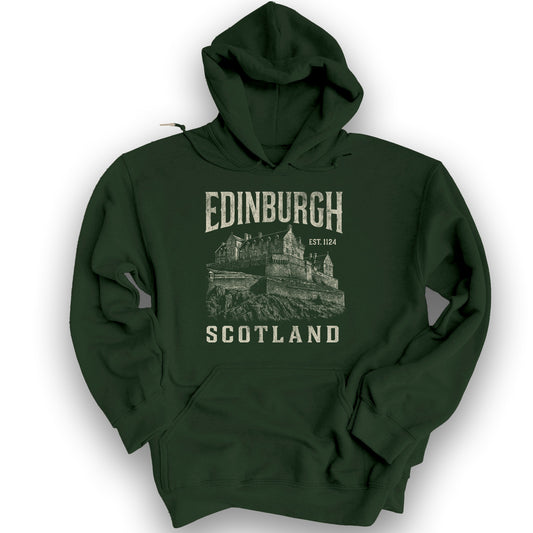 Edinburgh Scotland "Vintage Etching" Hoodie - Forest Green