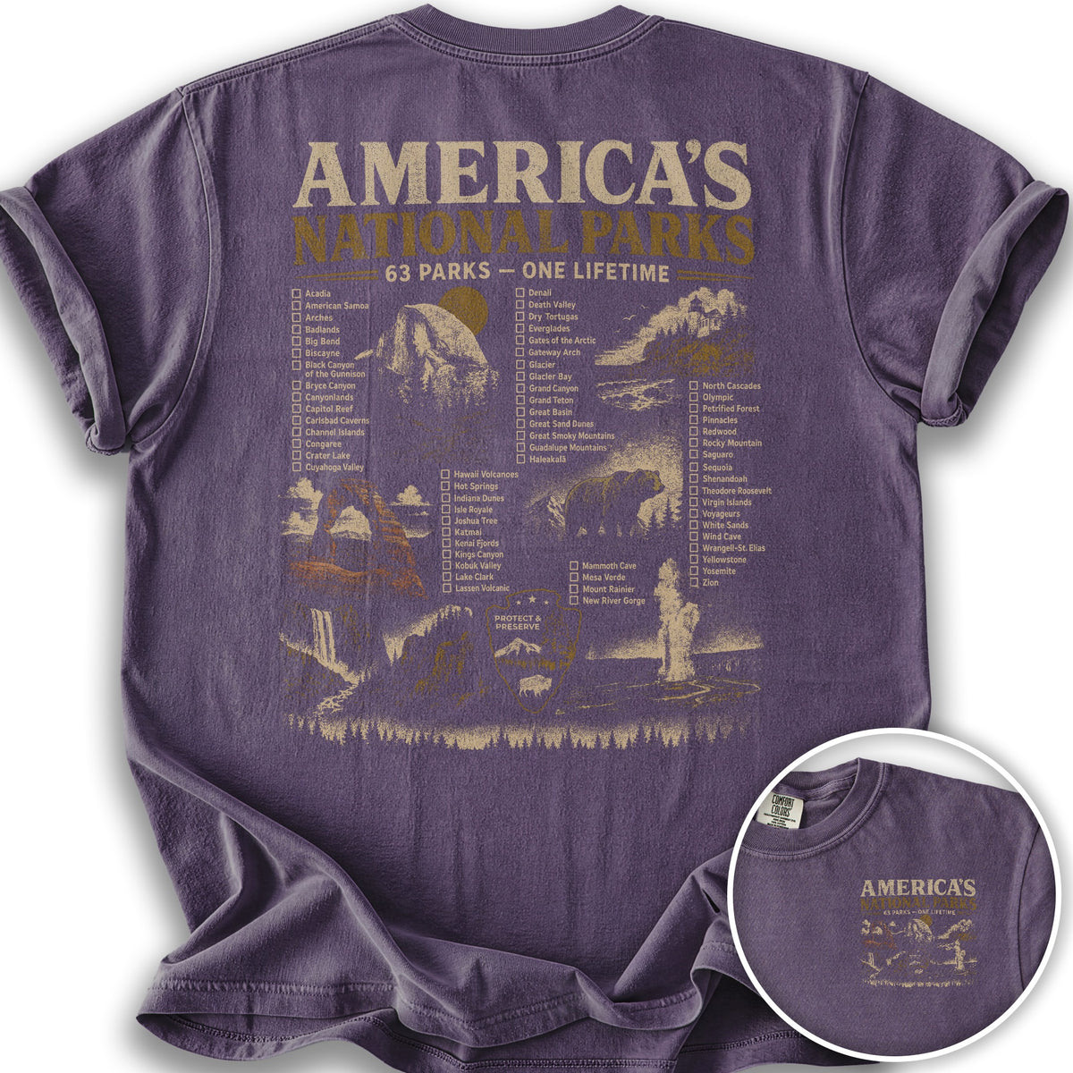 Vintage Parks Checklist Front/Back Print T-Shirt - Grape