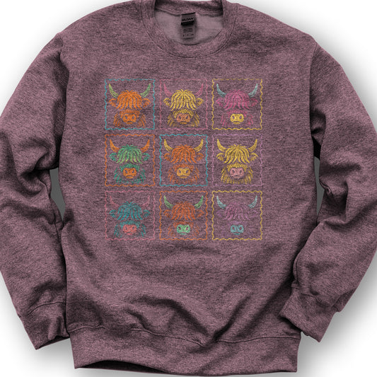 Highland Cow 9 Panel Sweatshirt - Heather Sport Dark Maroon