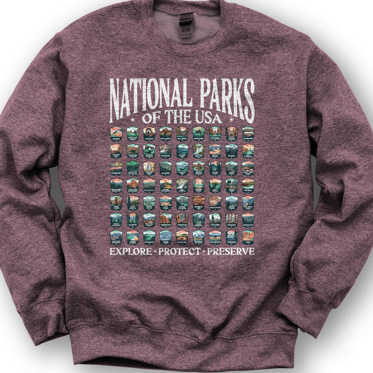 National Parks of the USA 63 Badges "Big and Bold" Sweatshirt - Heather Sport Dark Maroon