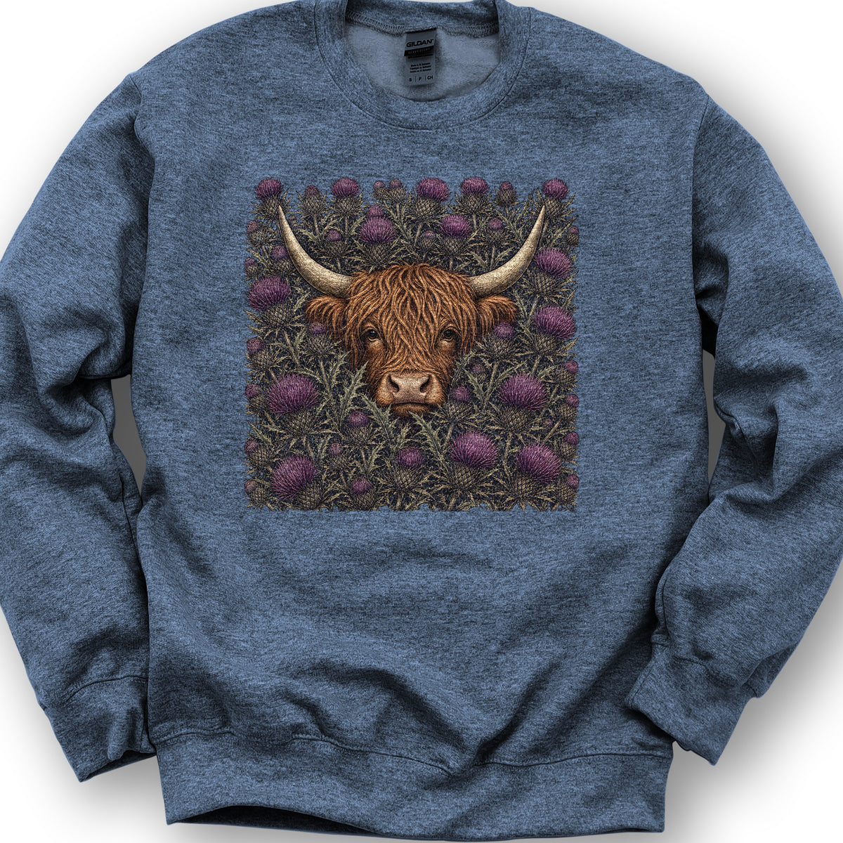 Highland Coo Thistle Sweatshirt - Heather Sport Dark Navy