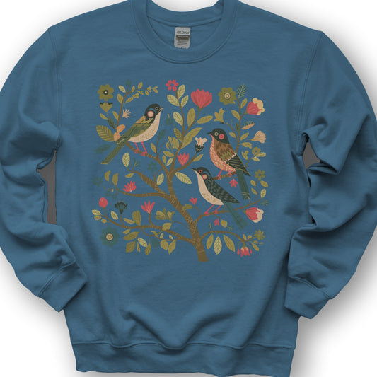 Cottagecore Birds "Folk Art Print" Sweatshirt - Indigo Blue