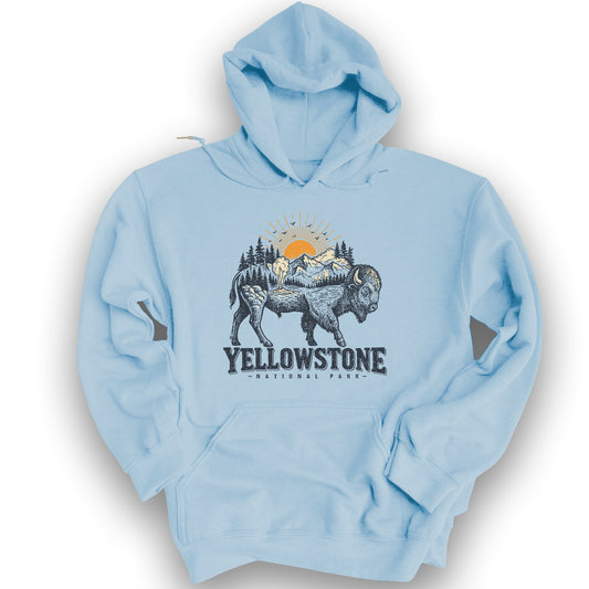 Yellowstone Buffalo Art Hoodie - Light Blue