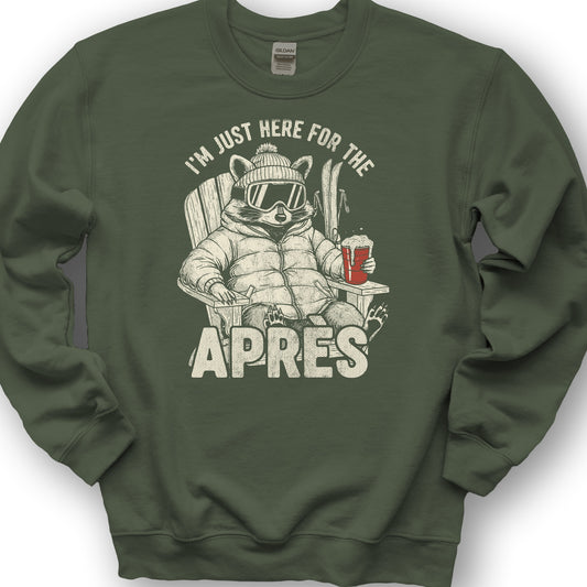 Just Here for the Apres "Raccoon" Sweatshirt - Military Green