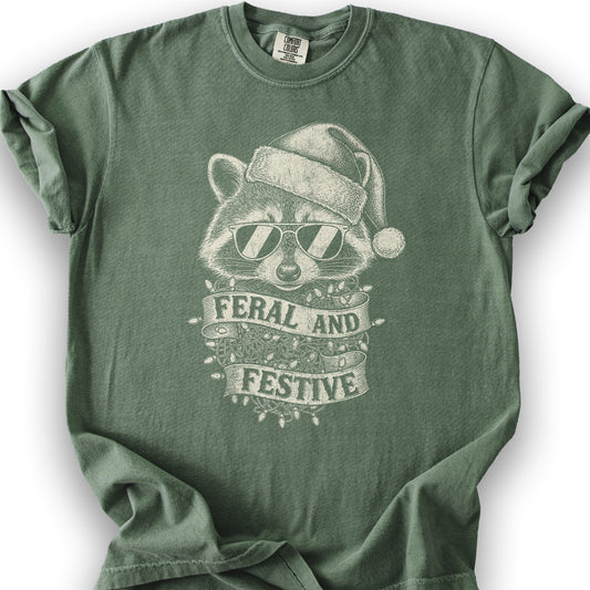 Feral and Festive Racoon T-shirt - Moss