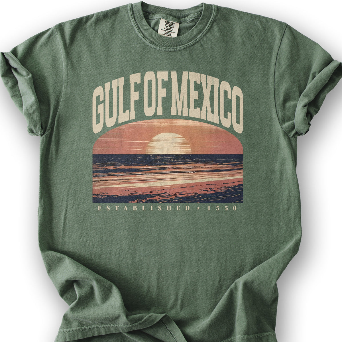 Bargain Bin Overstock! Gulf of Mexico Varsity Sunset T-Shirt - Moss