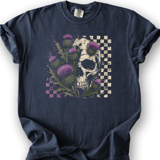 Thistle Skull Check T-Shirt - Navy
