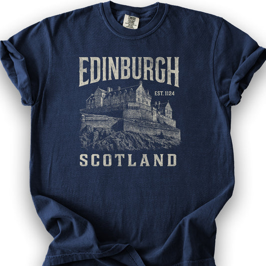 Edinburgh Scotland "Vintage Etching" T-Shirt - True Navy