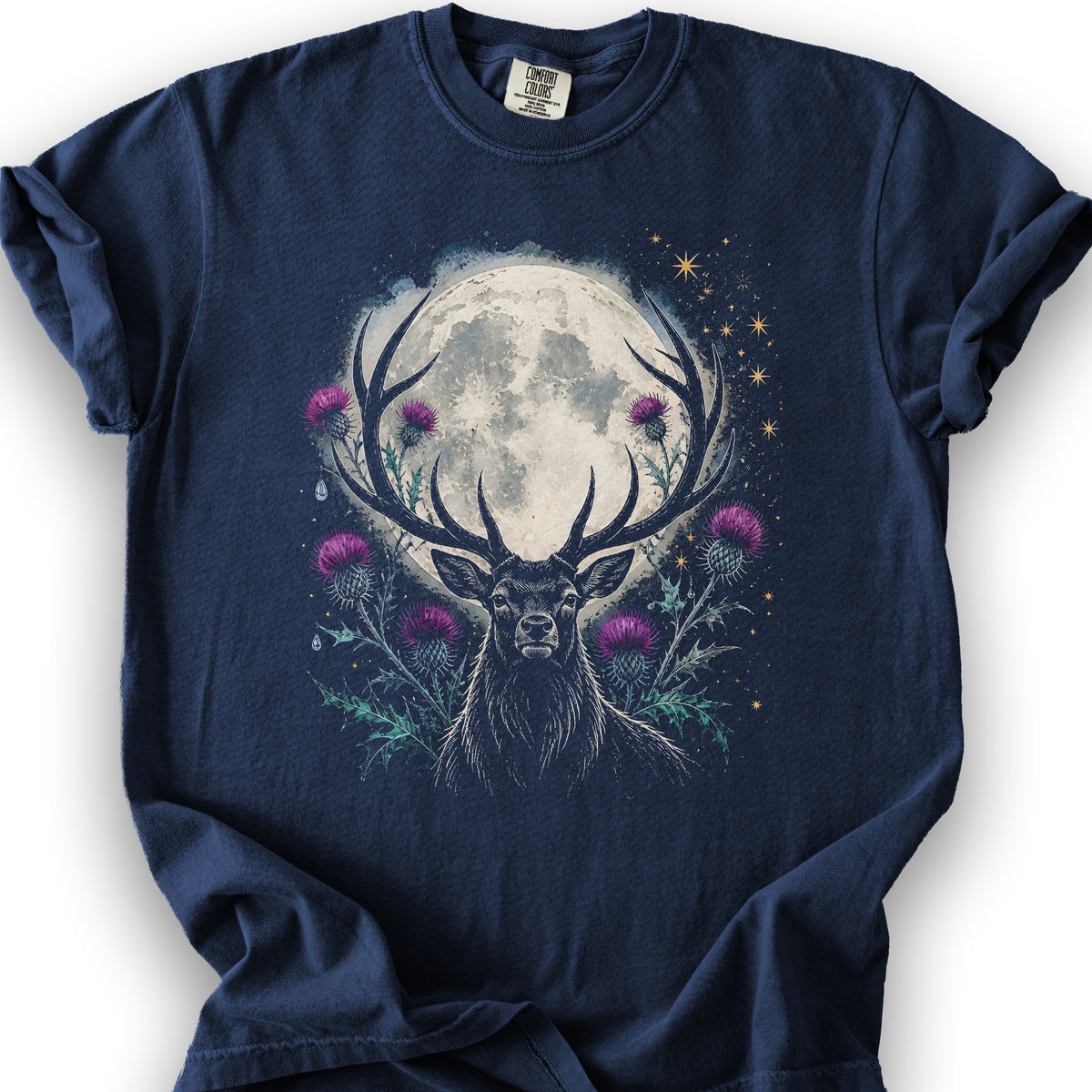 Bargain Bin Overstock! Moonlit Stag Thistle T-Shirt - True Navy
