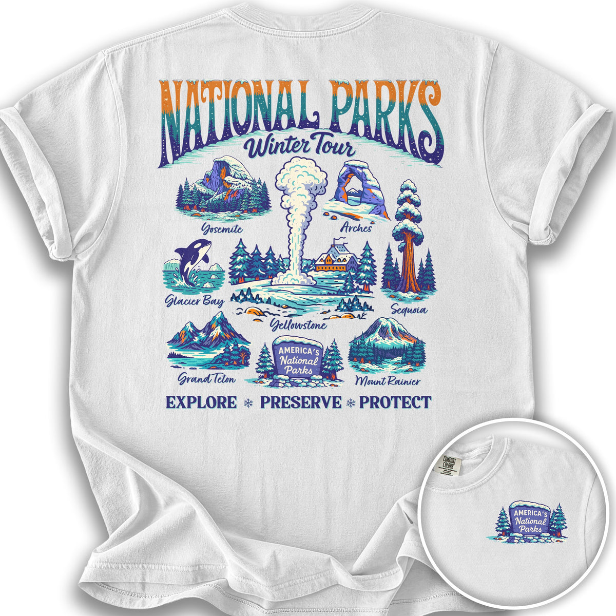 National Parks Winter Tour Front/Back Print T-Shirt - White