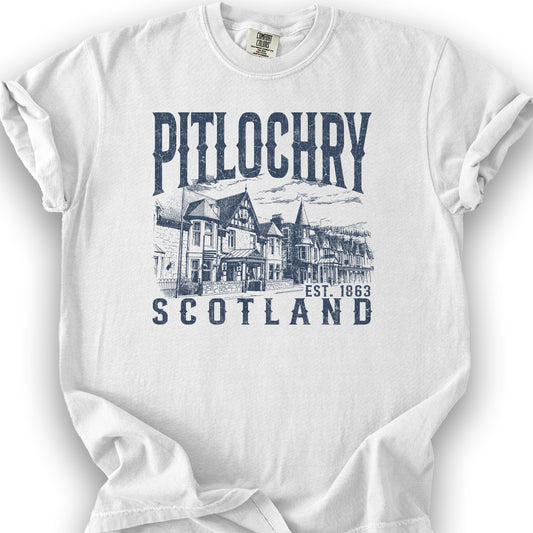 Pitlochry Scotland Sketch T-Shirt - White