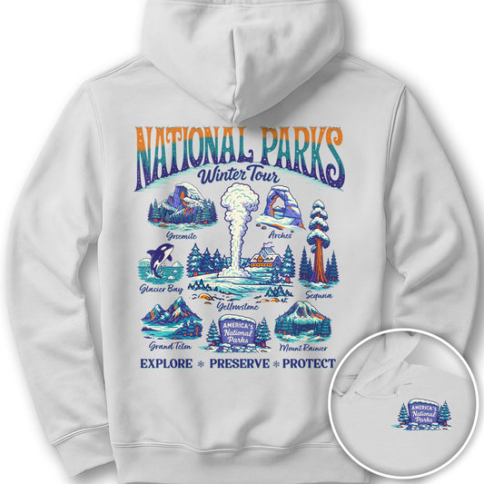 National Parks Winter Tour Front/Back Print Hoodie - White