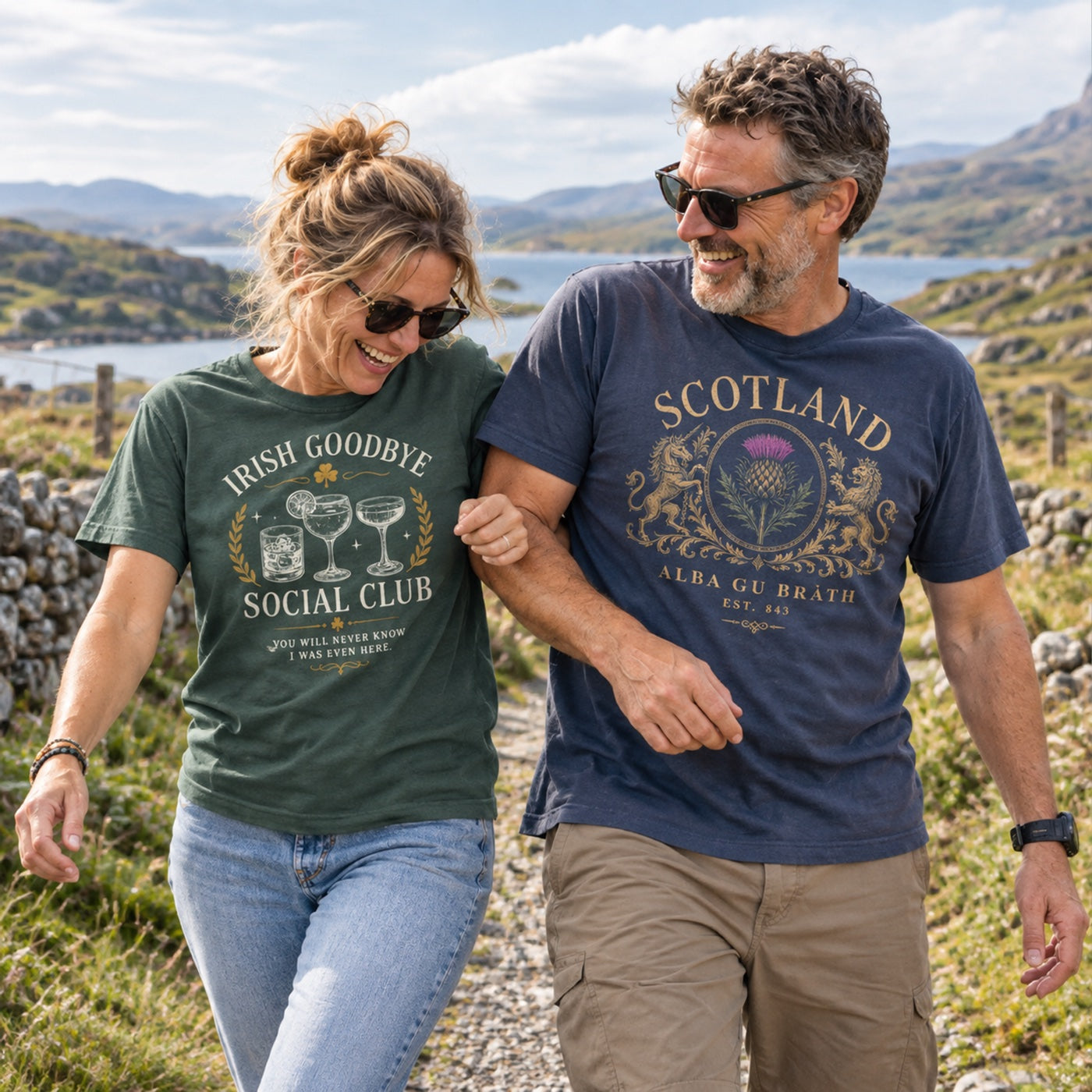 A couple out walking in Ireland and Scotland tees