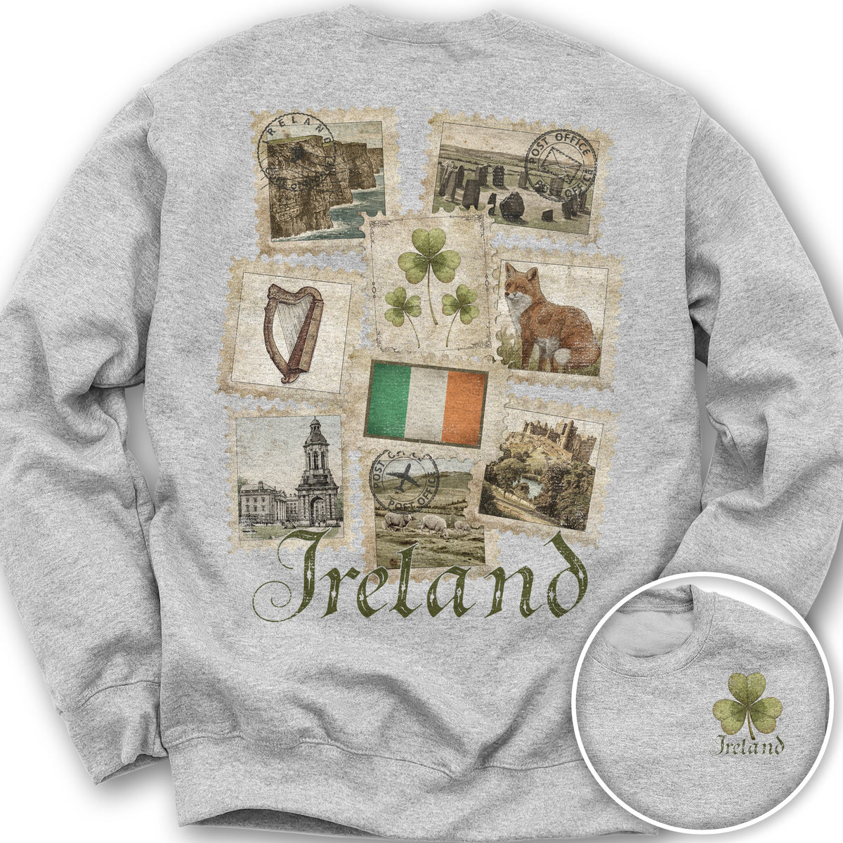 Ireland Vintage Stamps Front/Back Print Sweatshirt - Ash