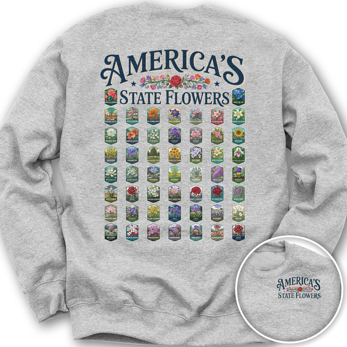 America's State Flowers Front/Back Print Sweatshirt - Ash