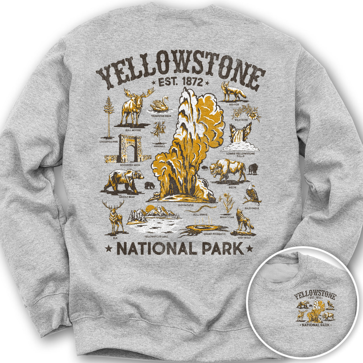 Yellowstone National Park Vintage Front/Back Print Sweatshirt - Ash
