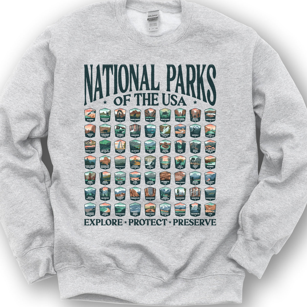 National Parks of the USA 63 Badges "Big and Bold" Sweatshirt - Ash
