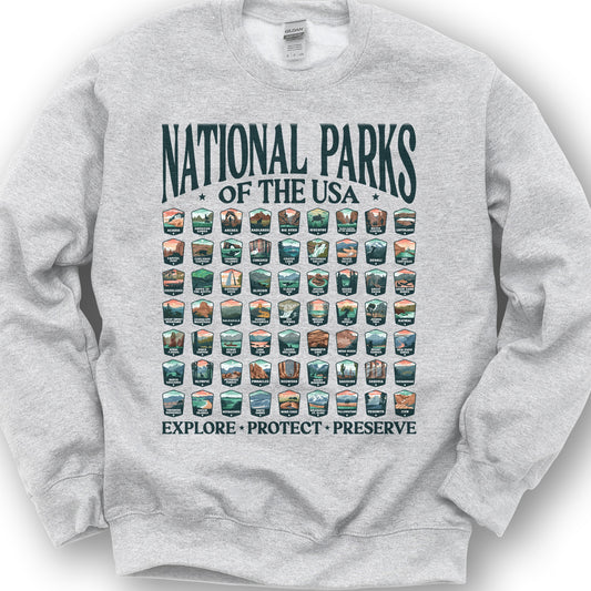 National Parks of the USA 63 Badges "Big and Bold" Sweatshirt - Ash