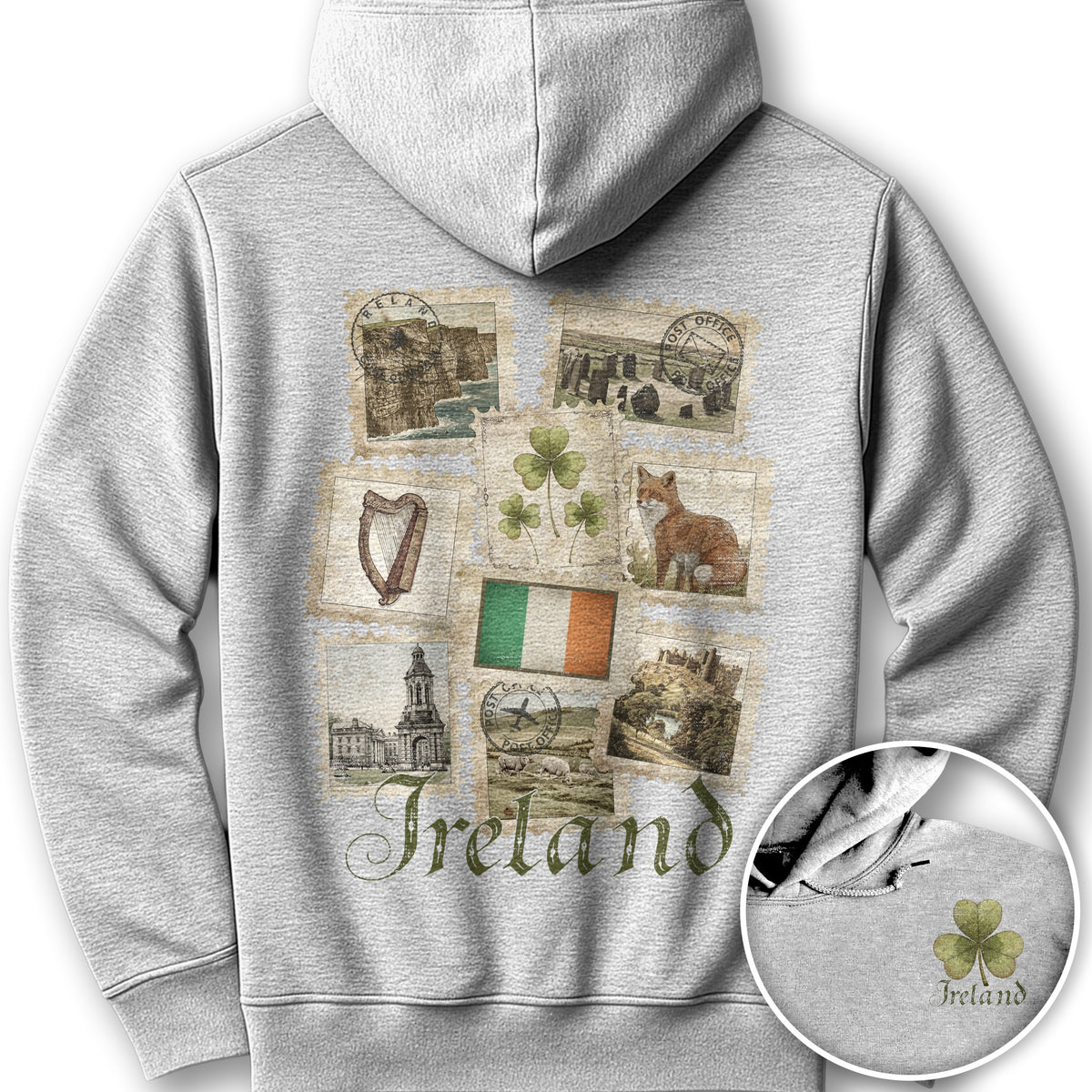 Ireland Vintage Stamps Front/Back Print Hoodie - Ash