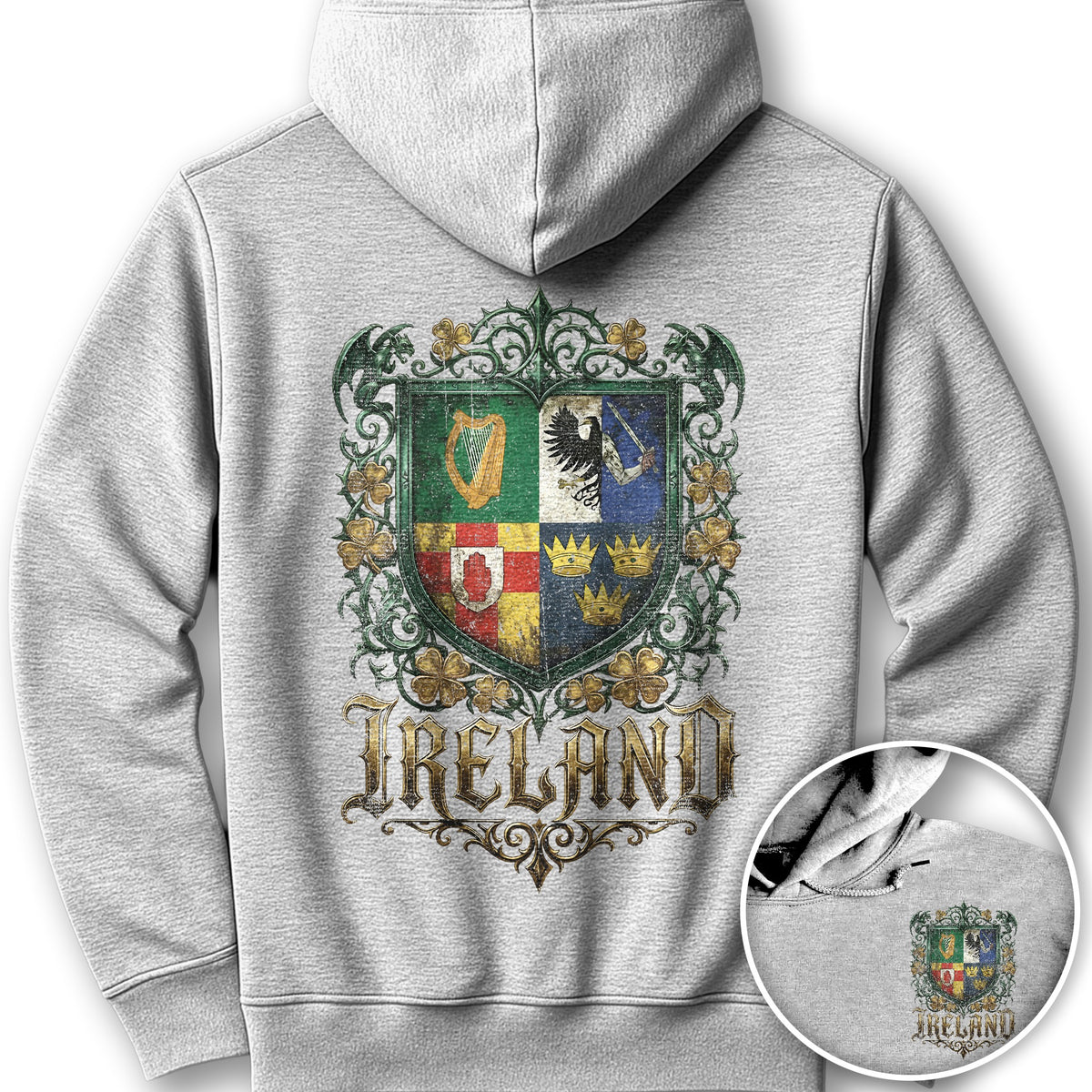 Irish Gothic Arms Front/Back Print Hoodie - Ash