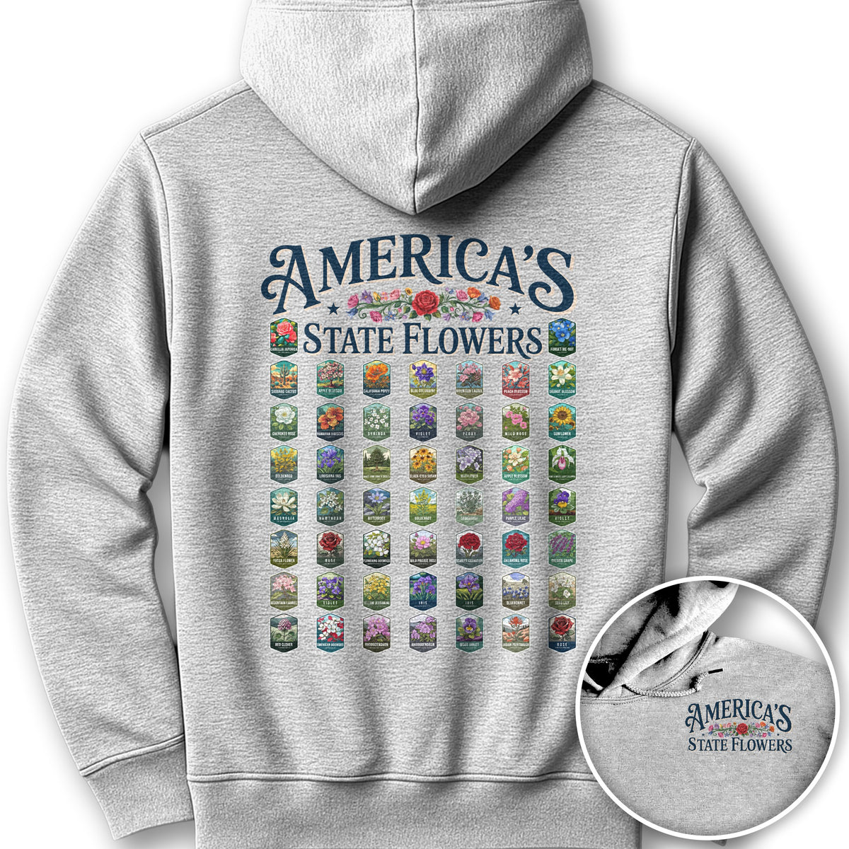 America's State Flowers Front/Back Print Hoodie - Ash