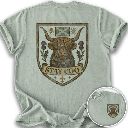 Highland Cow "Scottish Heraldry" Front/Back Print T-Shirt - Bay