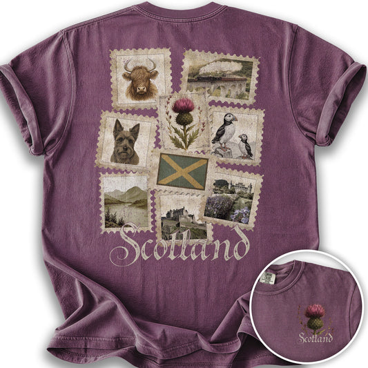 Scotland Vintage Stamps Front/Back Print T-shirt - Berry