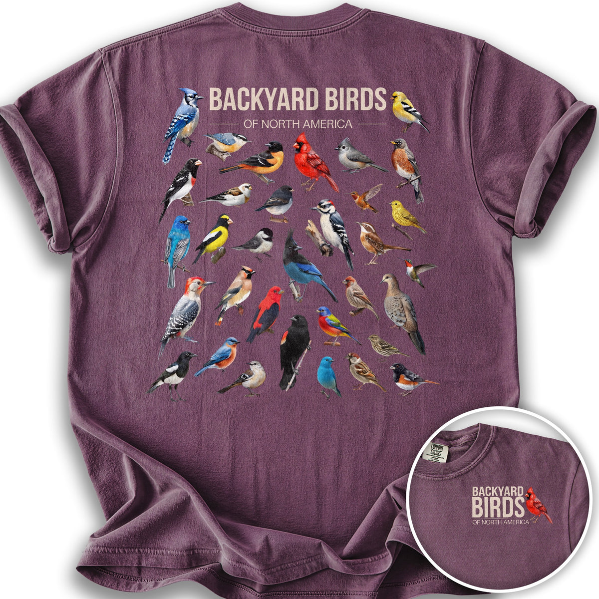 Backyard Birds Front/Back Print T-Shirt - Berry