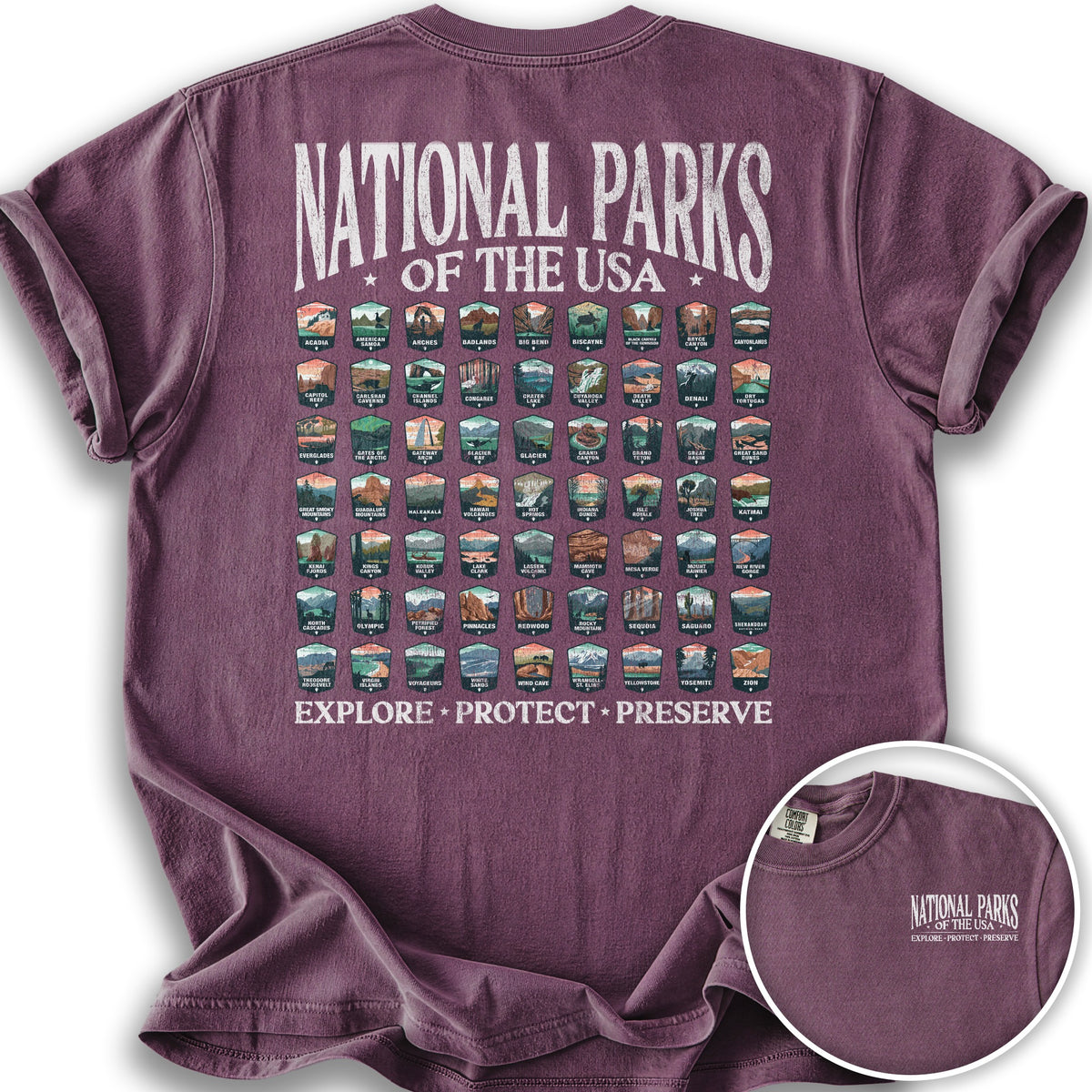 National Parks of the USA 63 Badges Front/Back Print T-Shirt - Berry