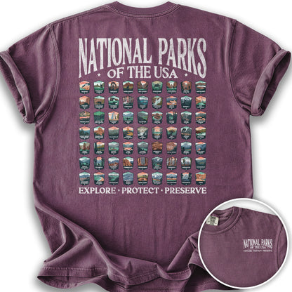 National Parks of the USA 63 Badges Front/Back Print T-Shirt - Berry