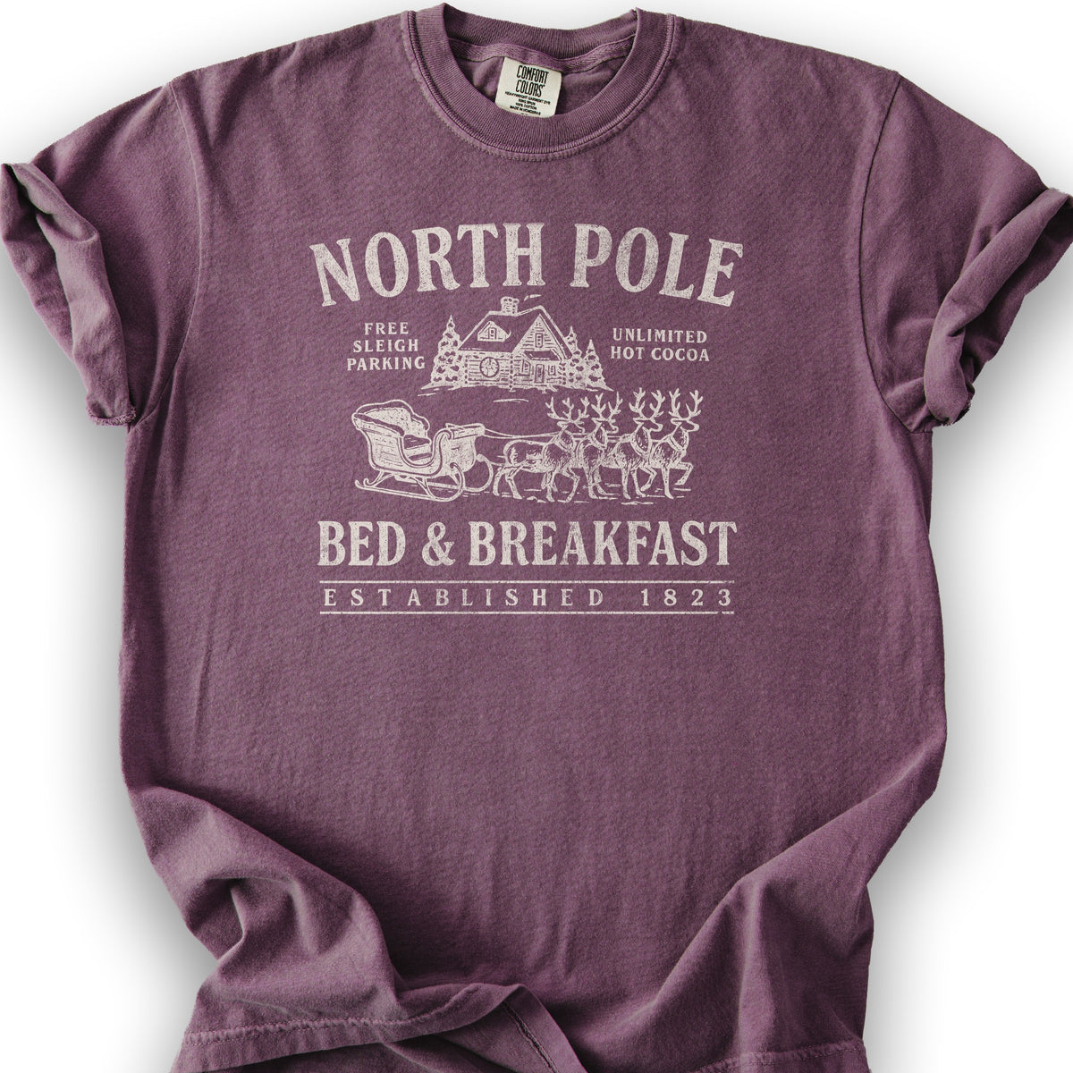 North Pole Bed and Breakfast Vintage Print T-Shirt - Berry