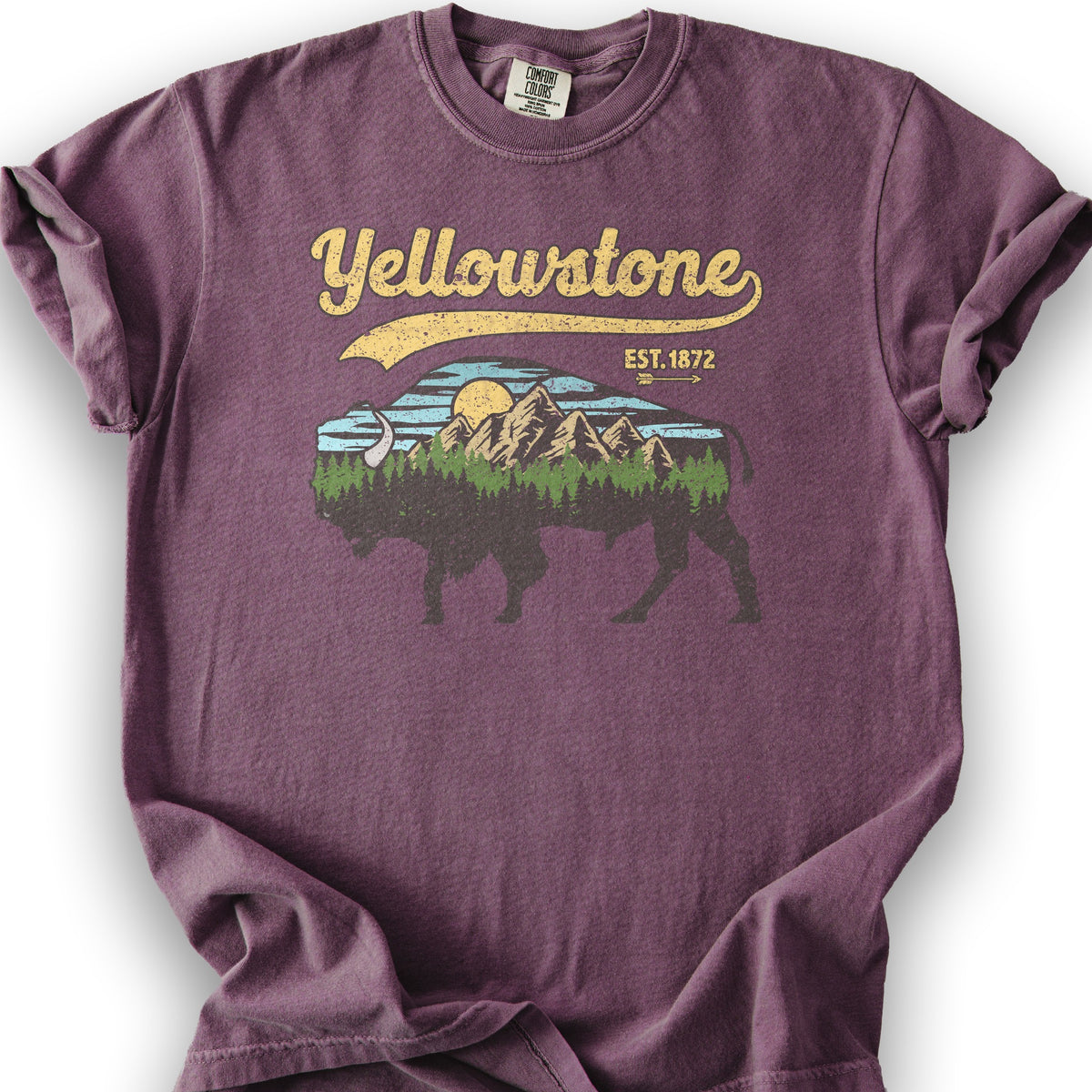 Yellowstone Vintage Buffalo Mountains T-Shirt - Berry