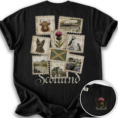 Scotland Vintage Stamps Front/Back Print T-shirt - Black