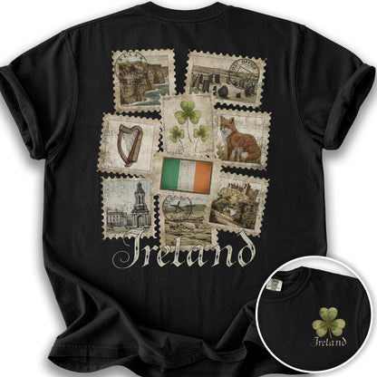 Ireland Vintage Stamps Front/Back Print T-Shirt - Black
