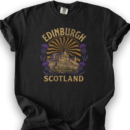 Edinburgh Scotland Retro Sunburst T-Shirt - Black