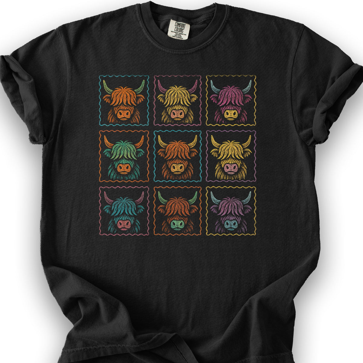Highland Cow 9 Panel T-Shirt - Black