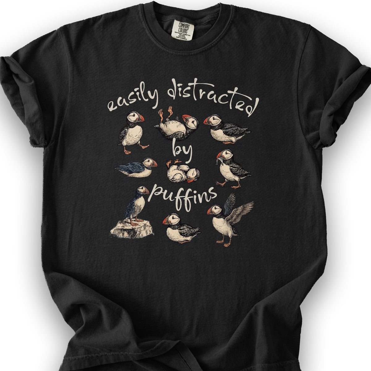 Easily Distracted By Puffins T-Shirt - Black