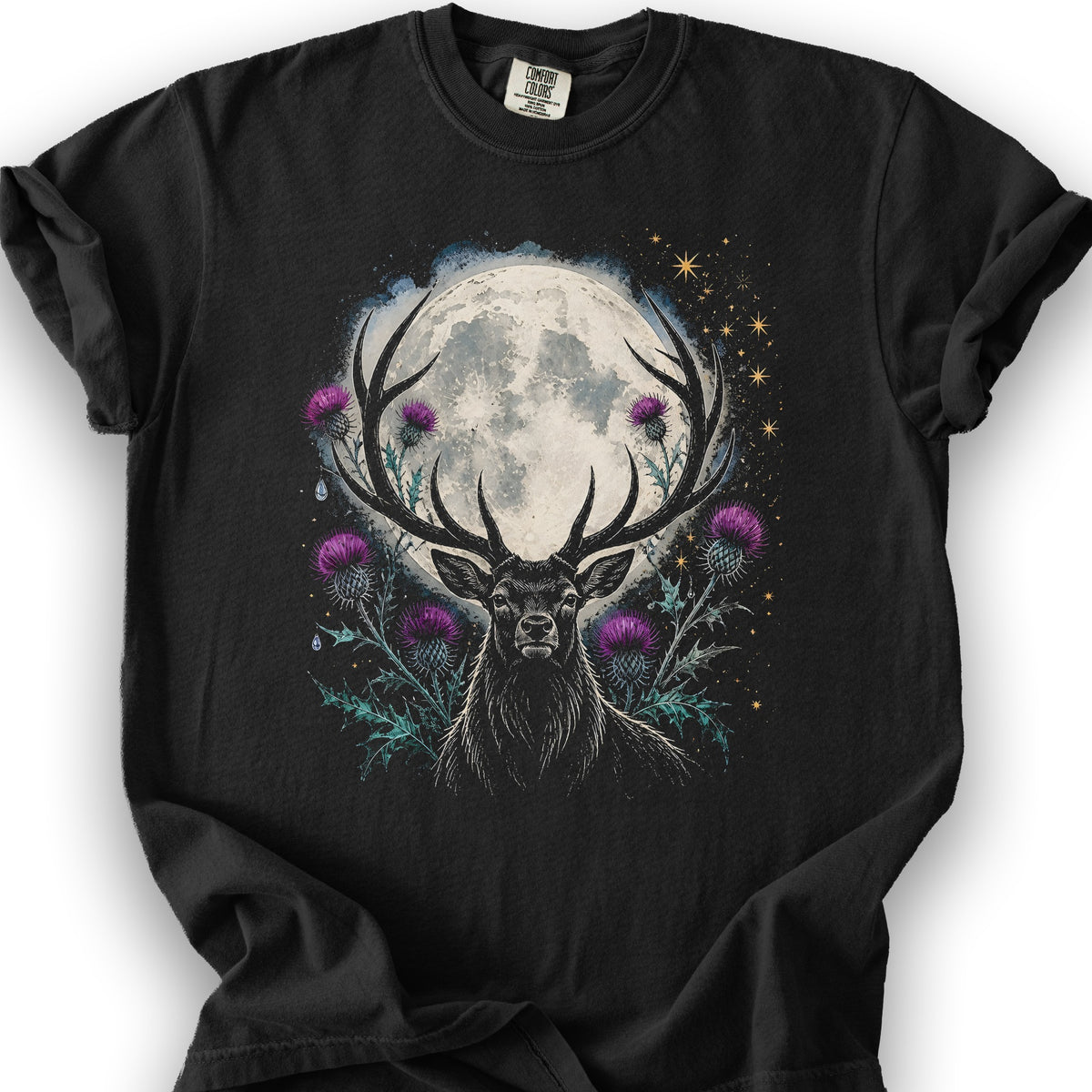 Moonlit Stag Thistle T-Shirt - Black